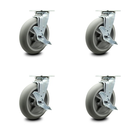 SERVICE CASTER 8 Inch Thermoplastic Rubber Swivel Caster Set with Ball Bearings and Brakes SCC SCC-30CS820-TPRBD-TLB-4